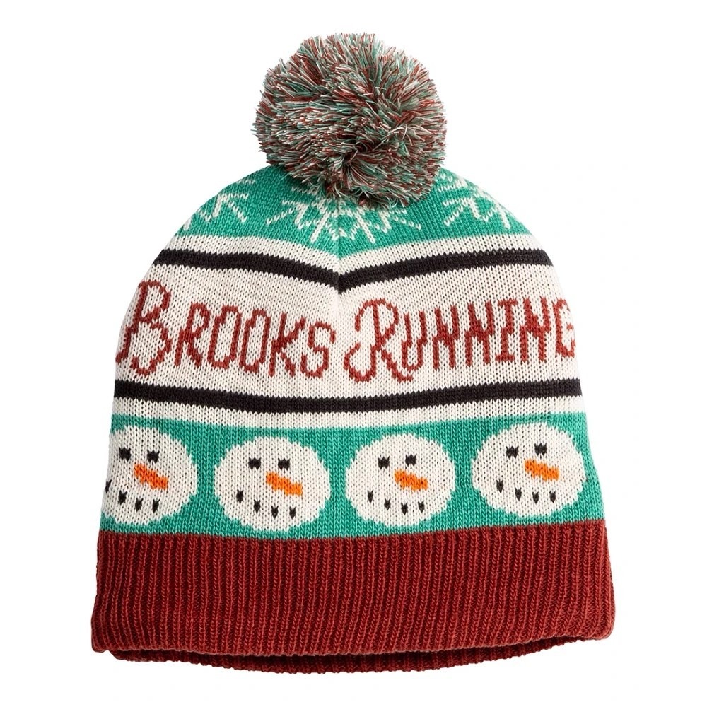 Brooks Running Snowman Beanie Pom Pom Fleece Lined Festive Knit Hat OSFA Unisex